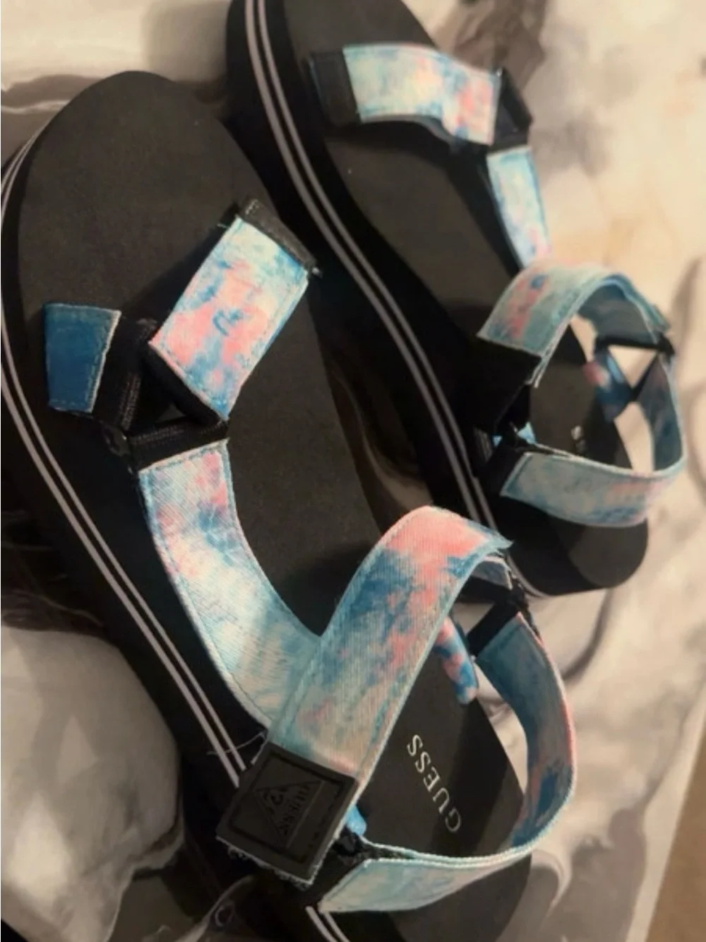 GUESS Blue & Pink Tie-Dye Strap Platform Sandals